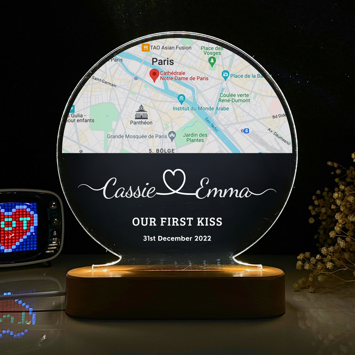 Our First Kiss Night Light with Custom Map & Date