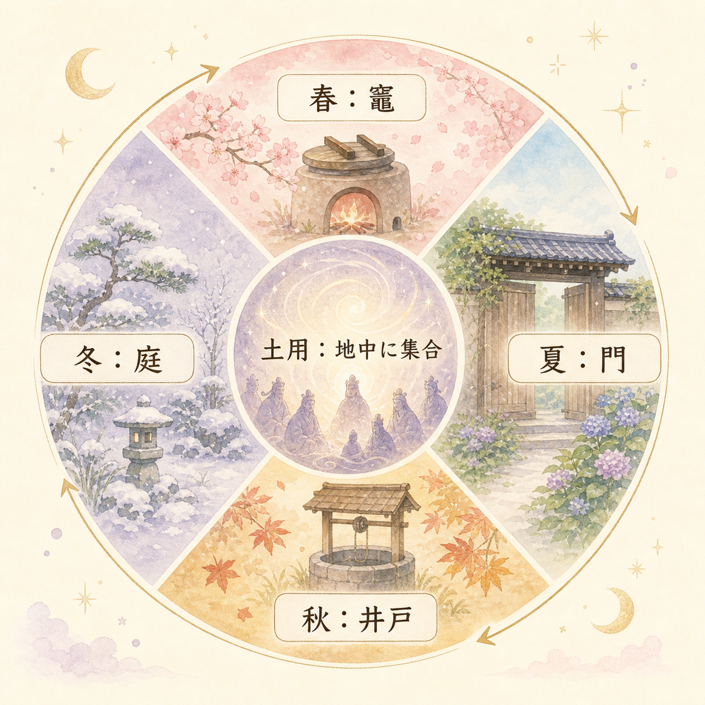 土公神が季節ごとに宿る場所をめぐる図