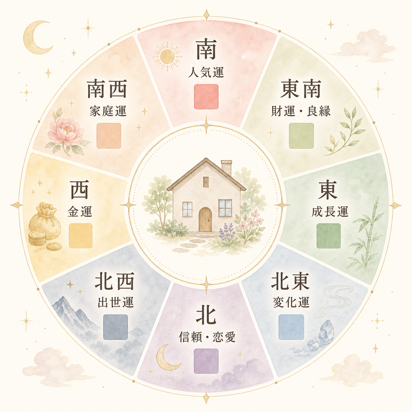 8方位と運気・色の対応をまとめた円環図