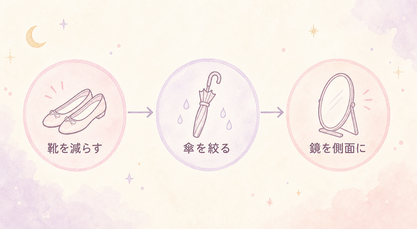 靴・傘・鏡を整える3ステップの流れ図