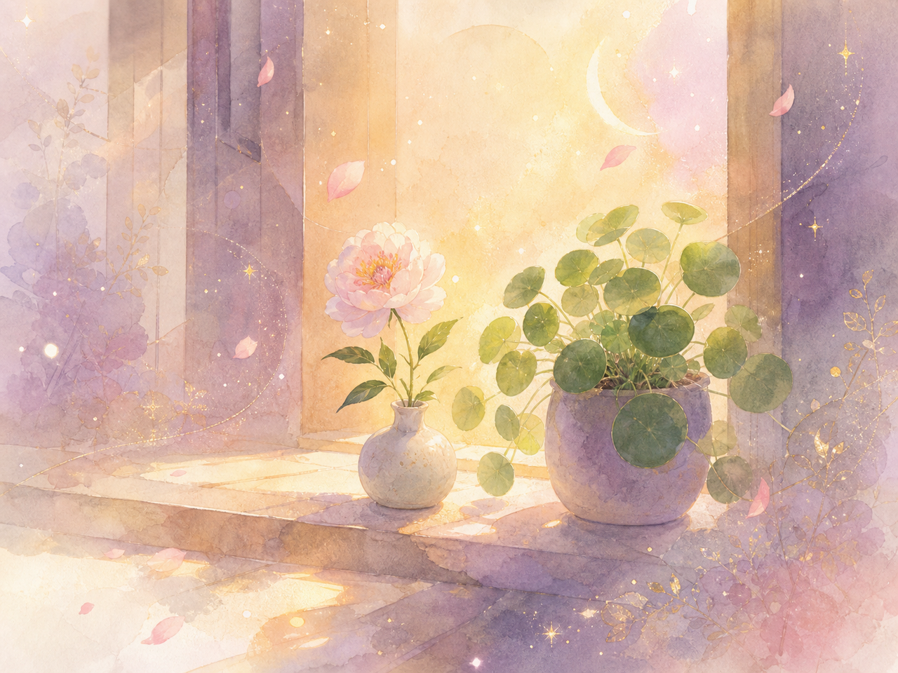 生花と光が満ちる、開運アイテムの情景