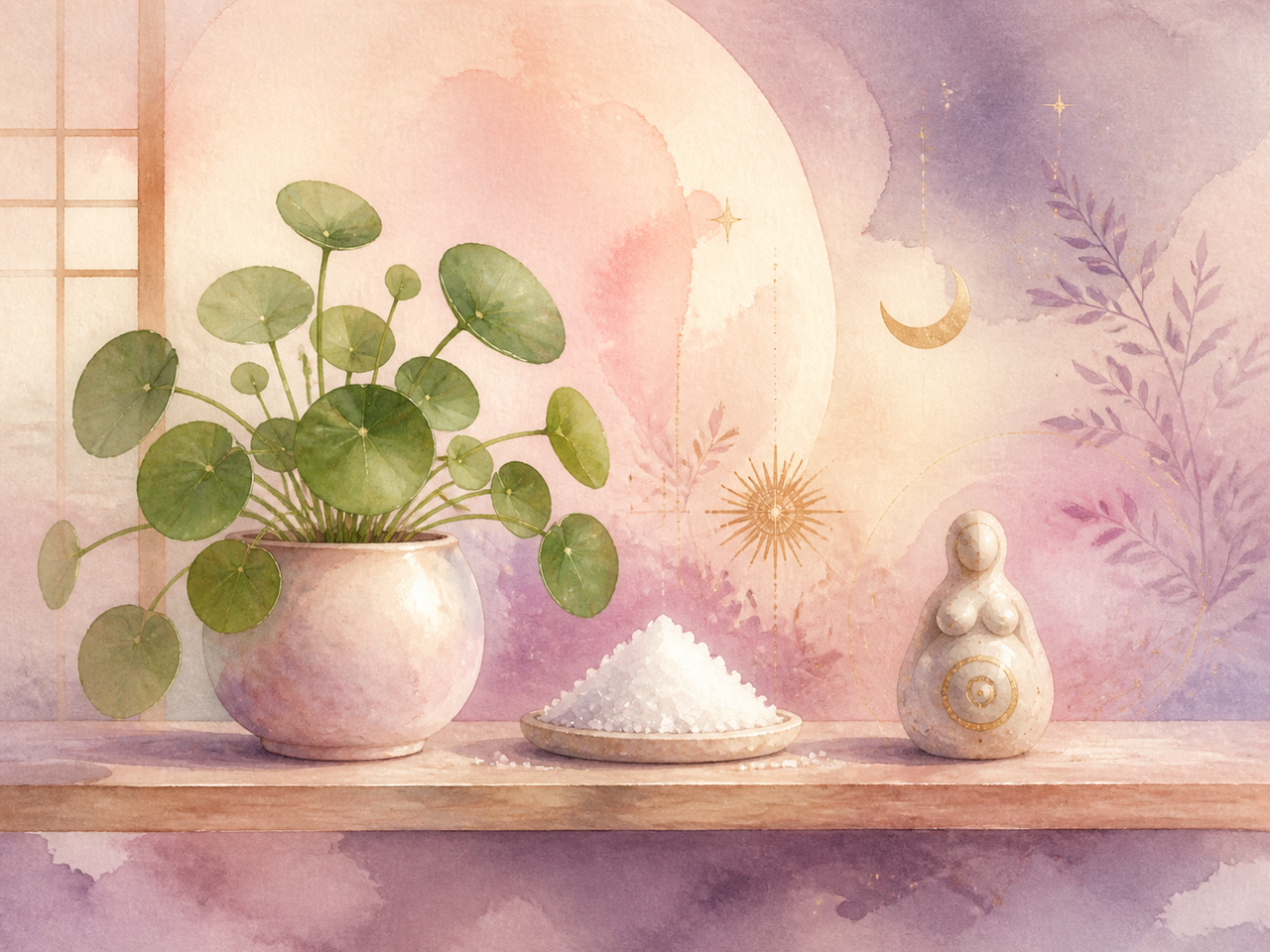 玄関に並ぶ観葉植物と縁起物の静かな情景