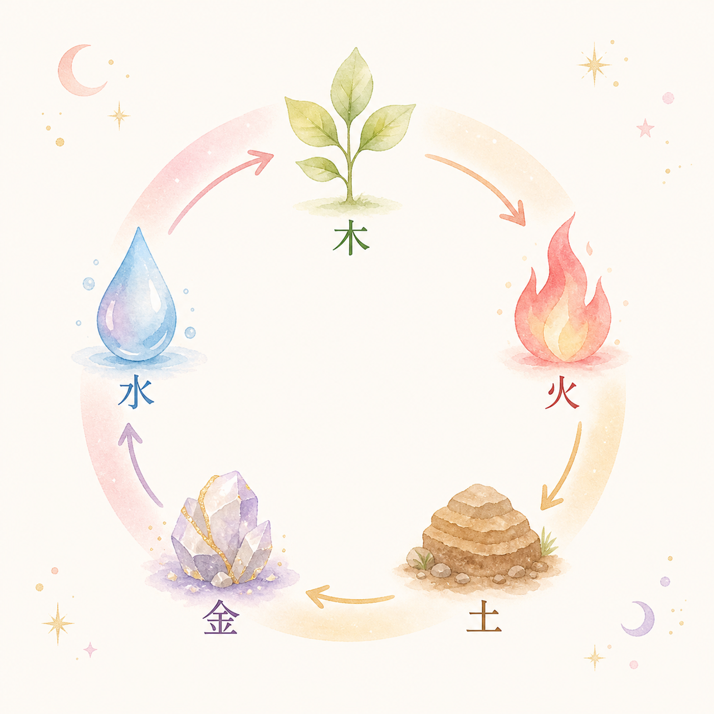 木→火→土→金→水と巡る相生の循環図