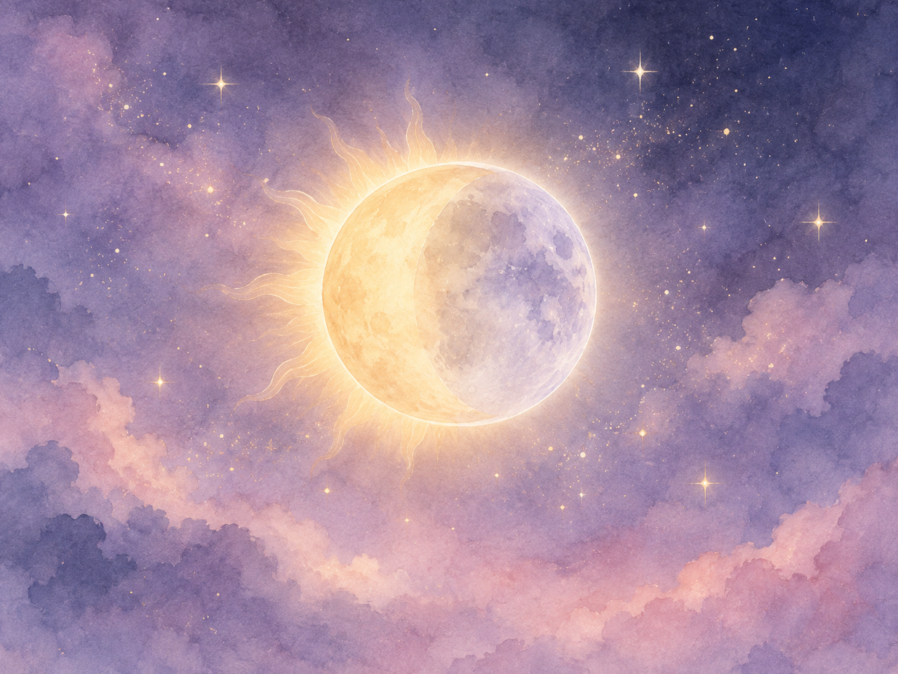 太陽と月が重なる瞬間の静かな夜空