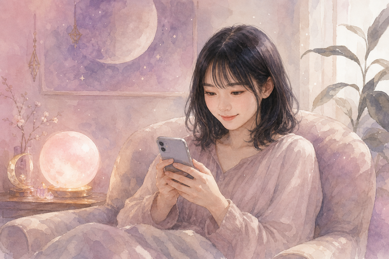 スマホで占いアプリを使う女性