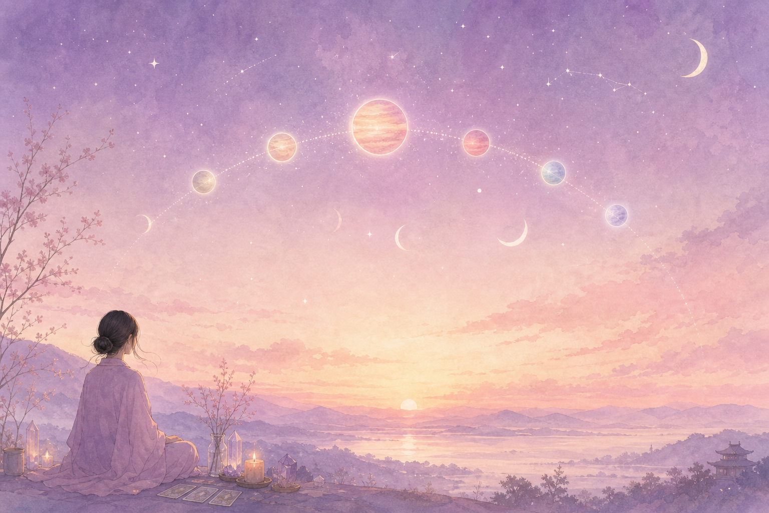 6惑星が明け方の空に集う夜明けの幻想