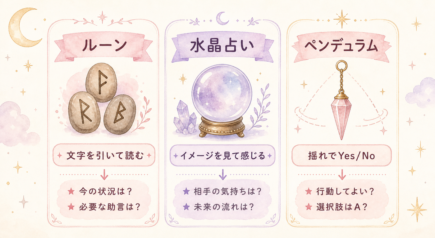 3つの占術、道具と読み取り方のちがい早見図
