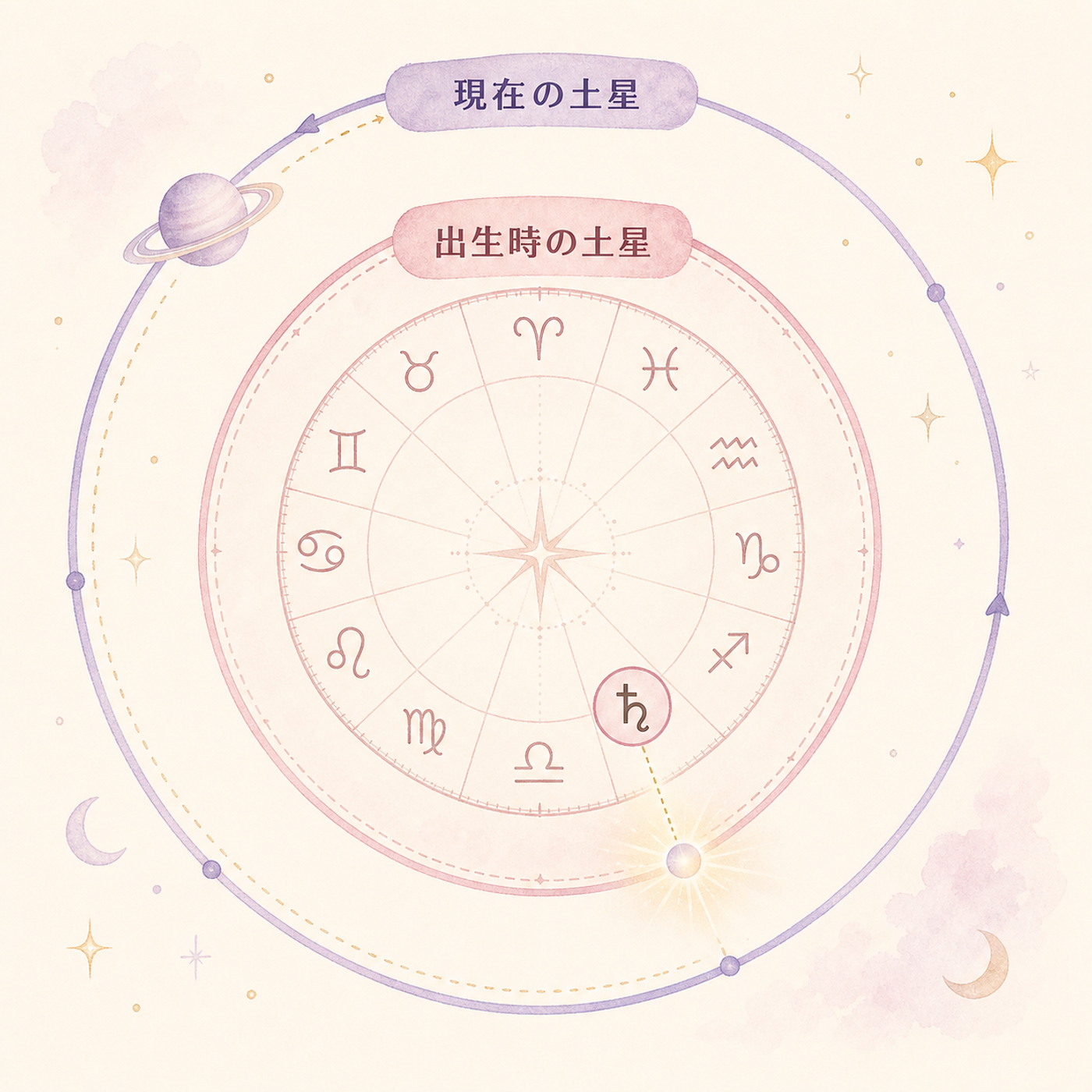 出生図とトランジット土星を重ねる二重円のイメージ