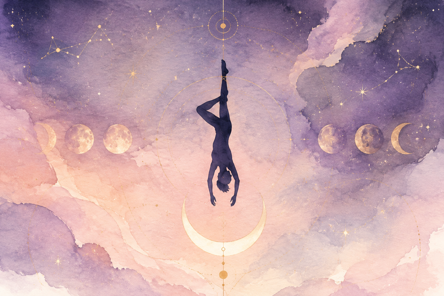 静かに逆さ吊りにされた人物と夜空の象徴画