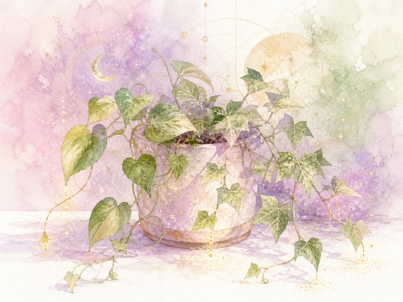 やわらかな光に包まれる観葉植物のイラスト