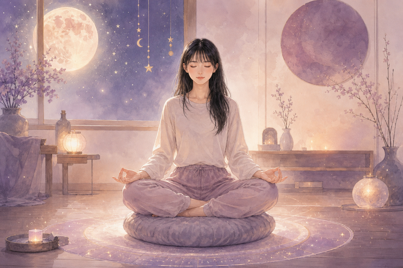 穏やかに瞑想し、内なる問いに向き合う女性