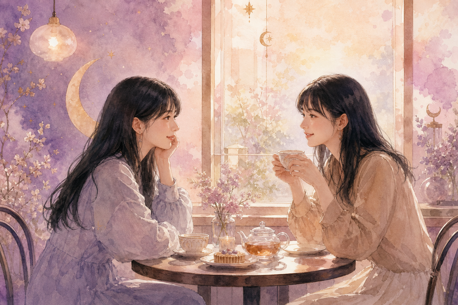 カフェで話しながら盛り上がる女性二人