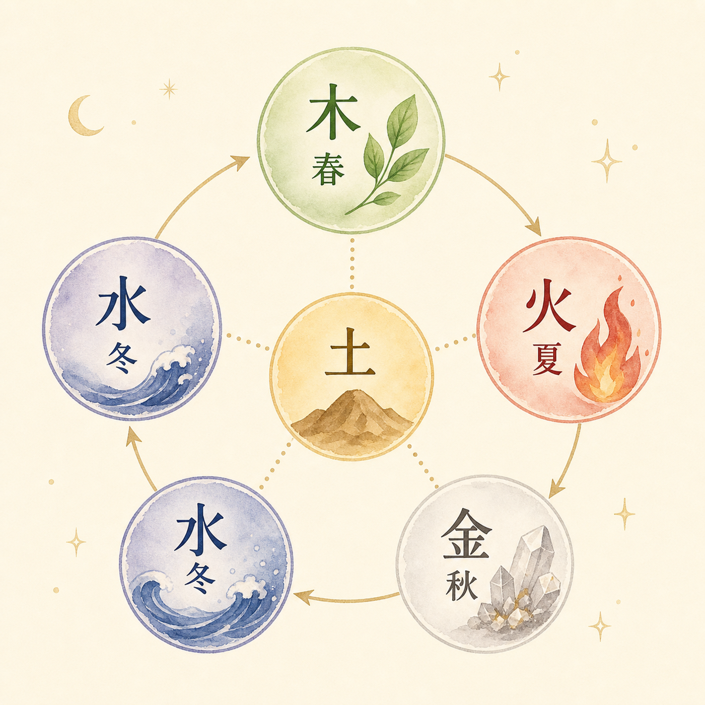 木火土金水と季節・方位の対応círculo図